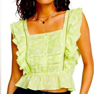 Scotch & Soda Green and White Polkadot Ruffled Ramie Top Size XS